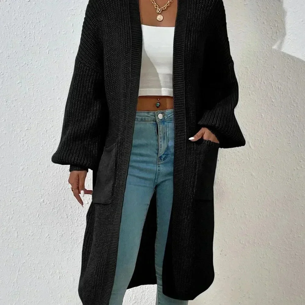 Black Casual Women's Dual Pocket Drop Shoulder Cardigan